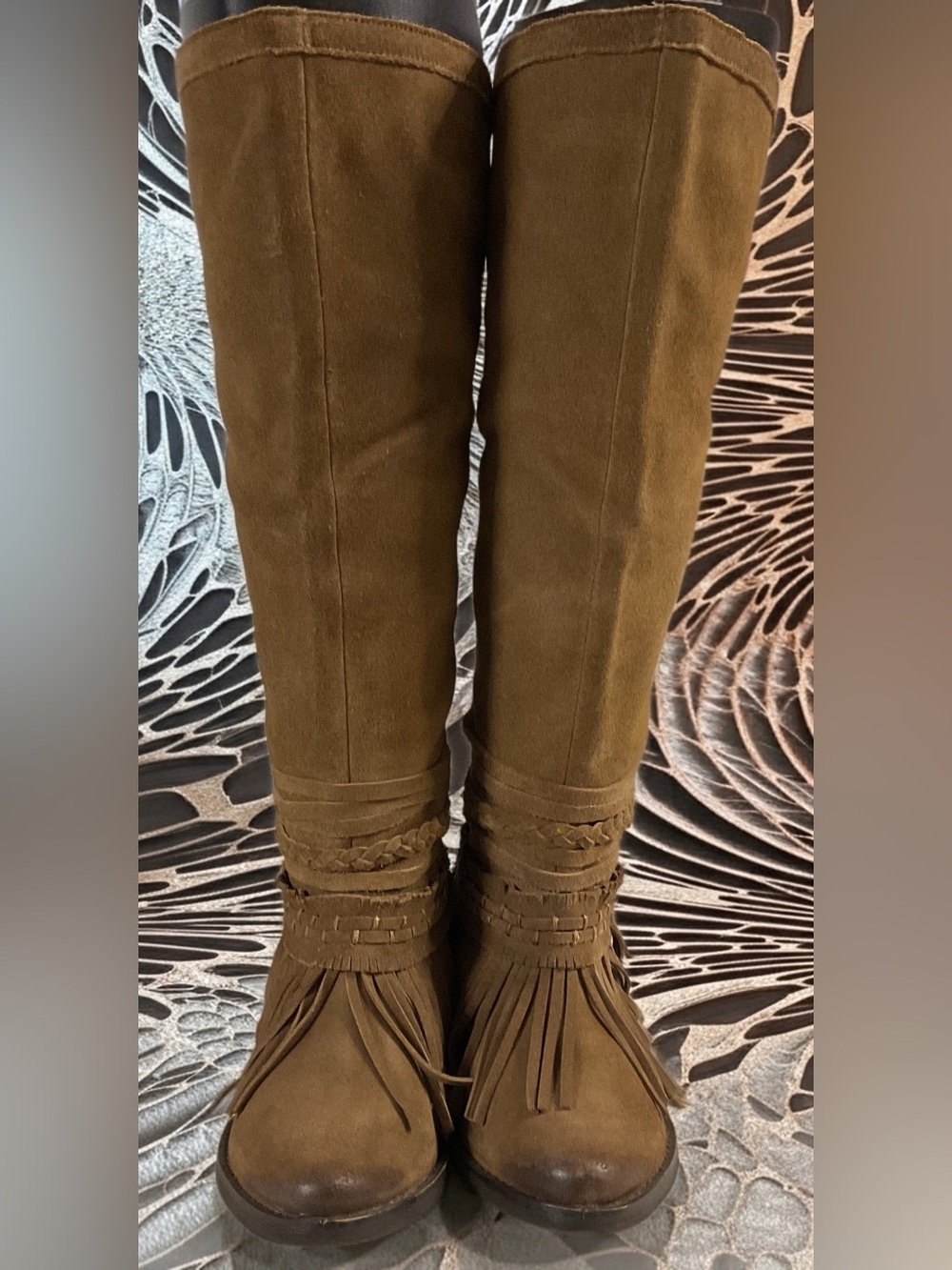 Naughty Monkey Zarape Women’s Fringe Suede Calf Boots in Olive Brown Size 8